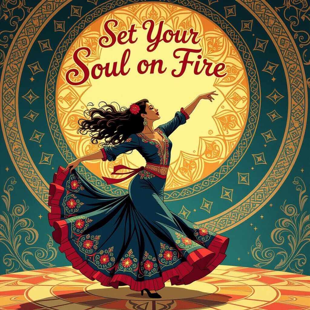 Flamenco Dancer Under Fiery Text, Art Deco Style