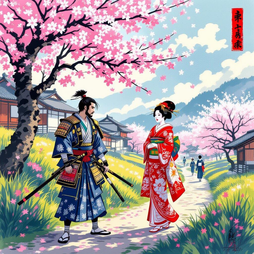 Samurai and Geisha Under Sakura Blooms In Ukiyo-e Style
