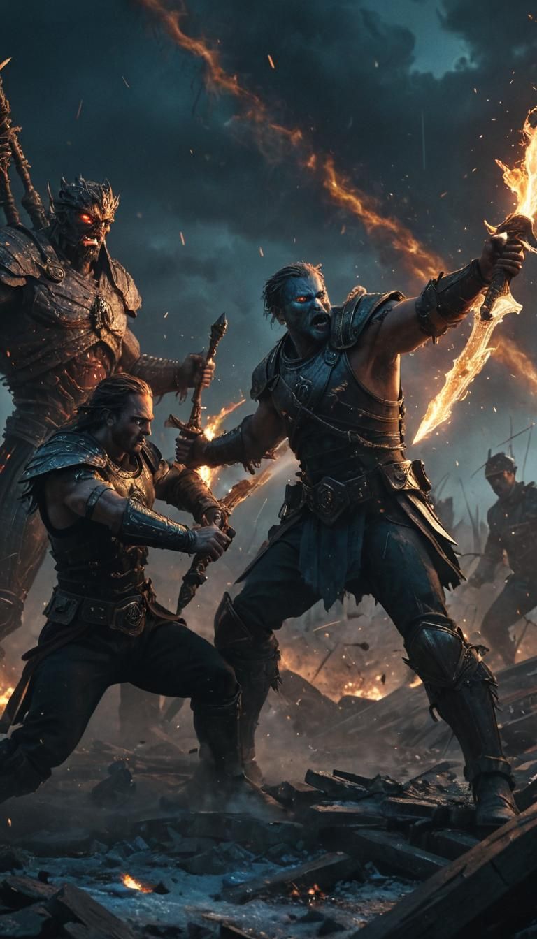 Epic Dark Fantasy Warriors Clash in Shadow