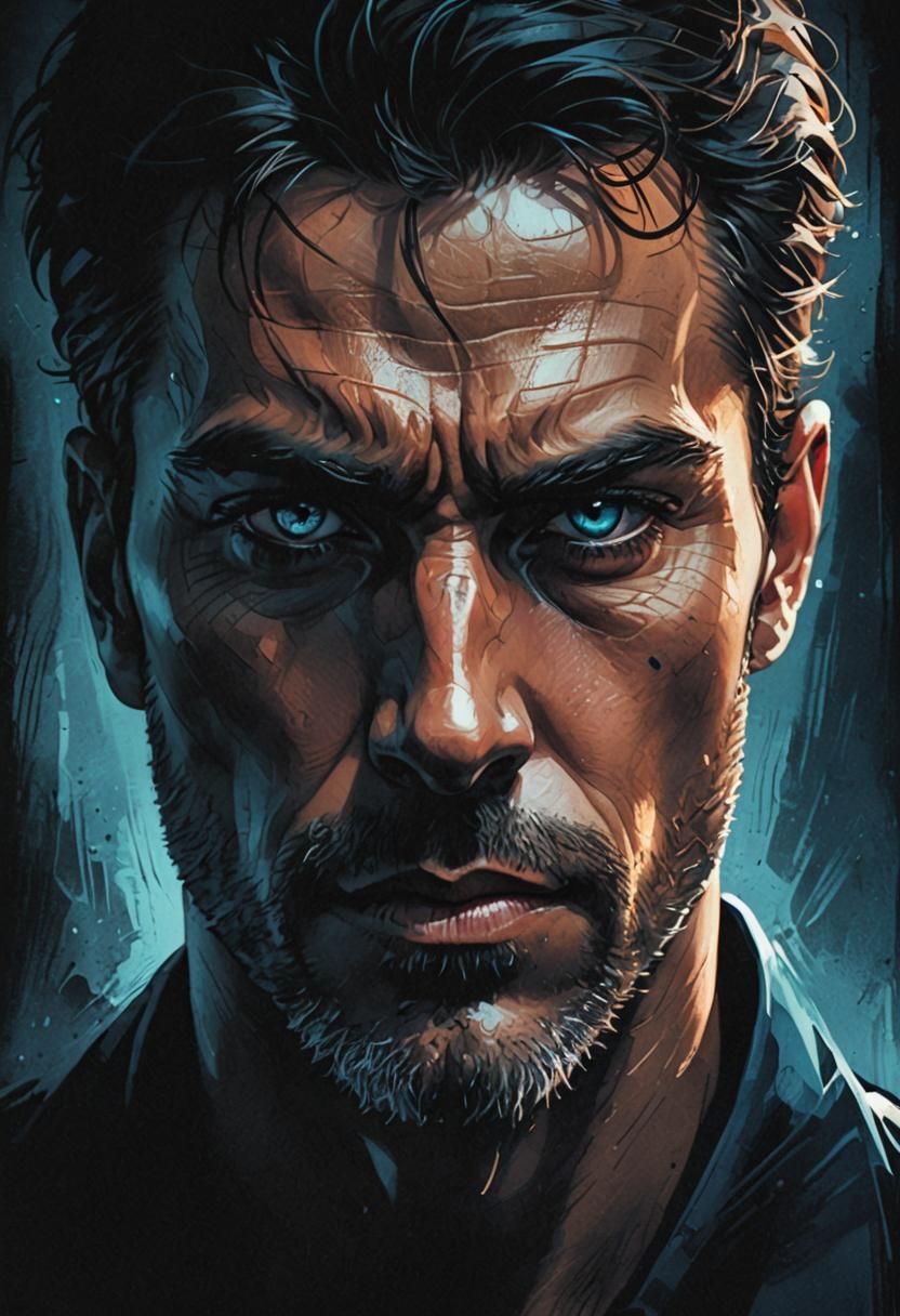 Intense Man in Dark Digital Illustration