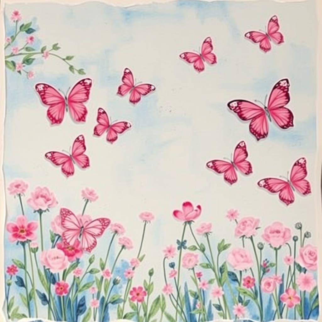 Pastel Blue Victorian Garden with Pink Butterflies