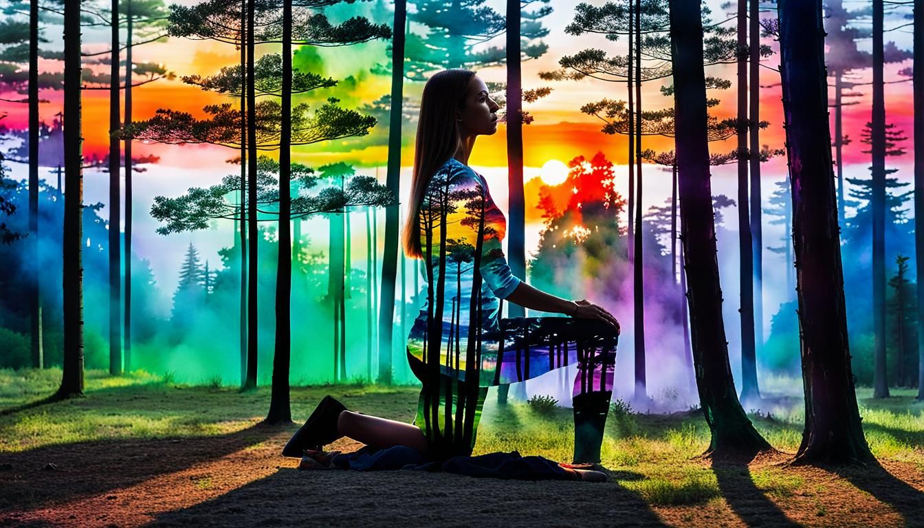 Silhouette Forest: Watercolor Double Exposure