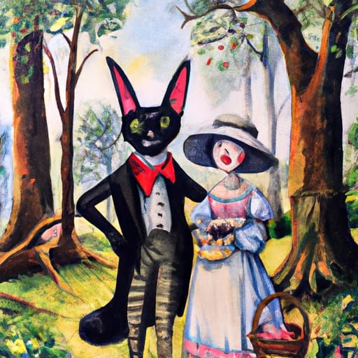 Whimsical Forest Picnic with Cat and Bunny