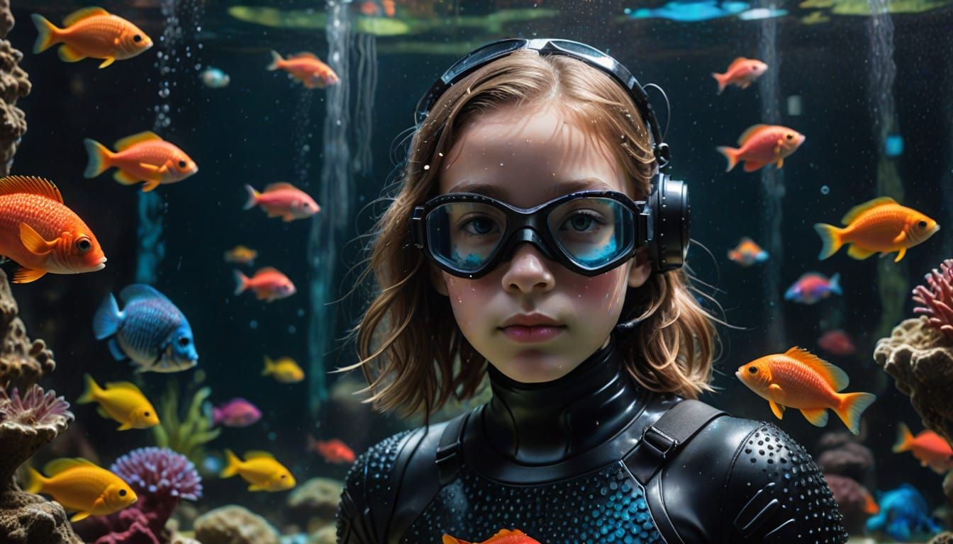 Young Girl Dives Deep in a Vibrant Aquarium