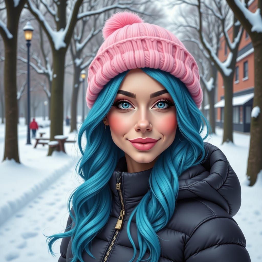 Blue Haired Woman in Winter Wonderland