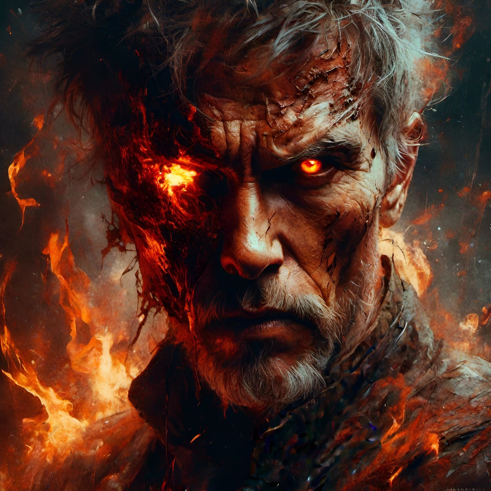 Flaming Man Portrait in Macabre Digital Art Style