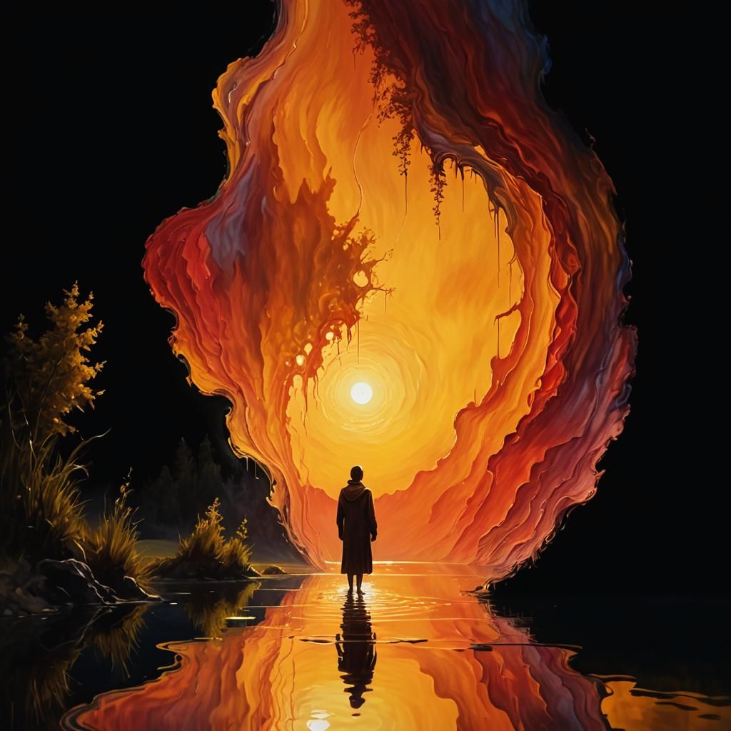 Mystical Figure at Dreamlike Lake in Surreal Oil Painting