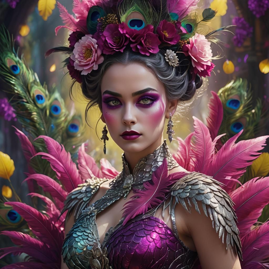 Woman with Peacock Feathers, Maxfield Parrish Style