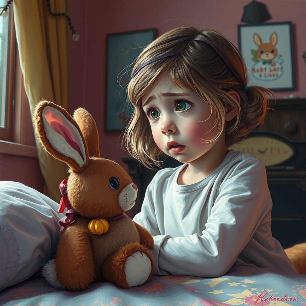 Girl in Cozy Bedroom Contemplates Distorted Plush Rabbit