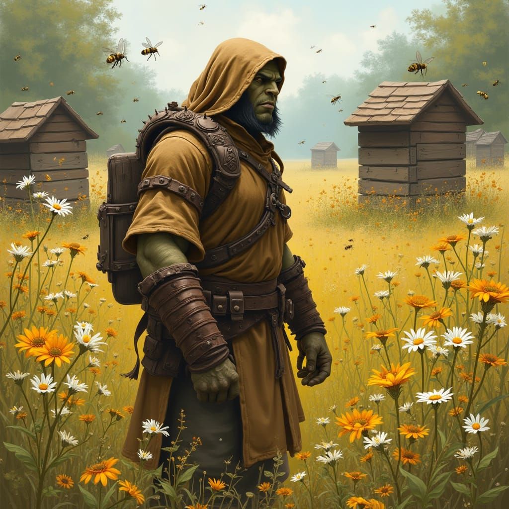 Fantasy Orc Ranger in Whimsical Pastoral Field