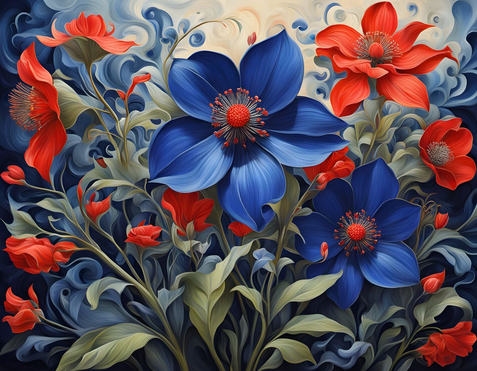 Vibrant Floral Surrealism Painting in Cobalt and Vermilion