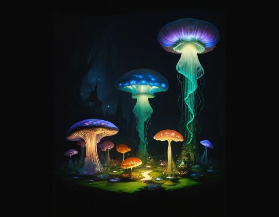 Jellyfish in Toadstool Forest, Beatrix Potter Style