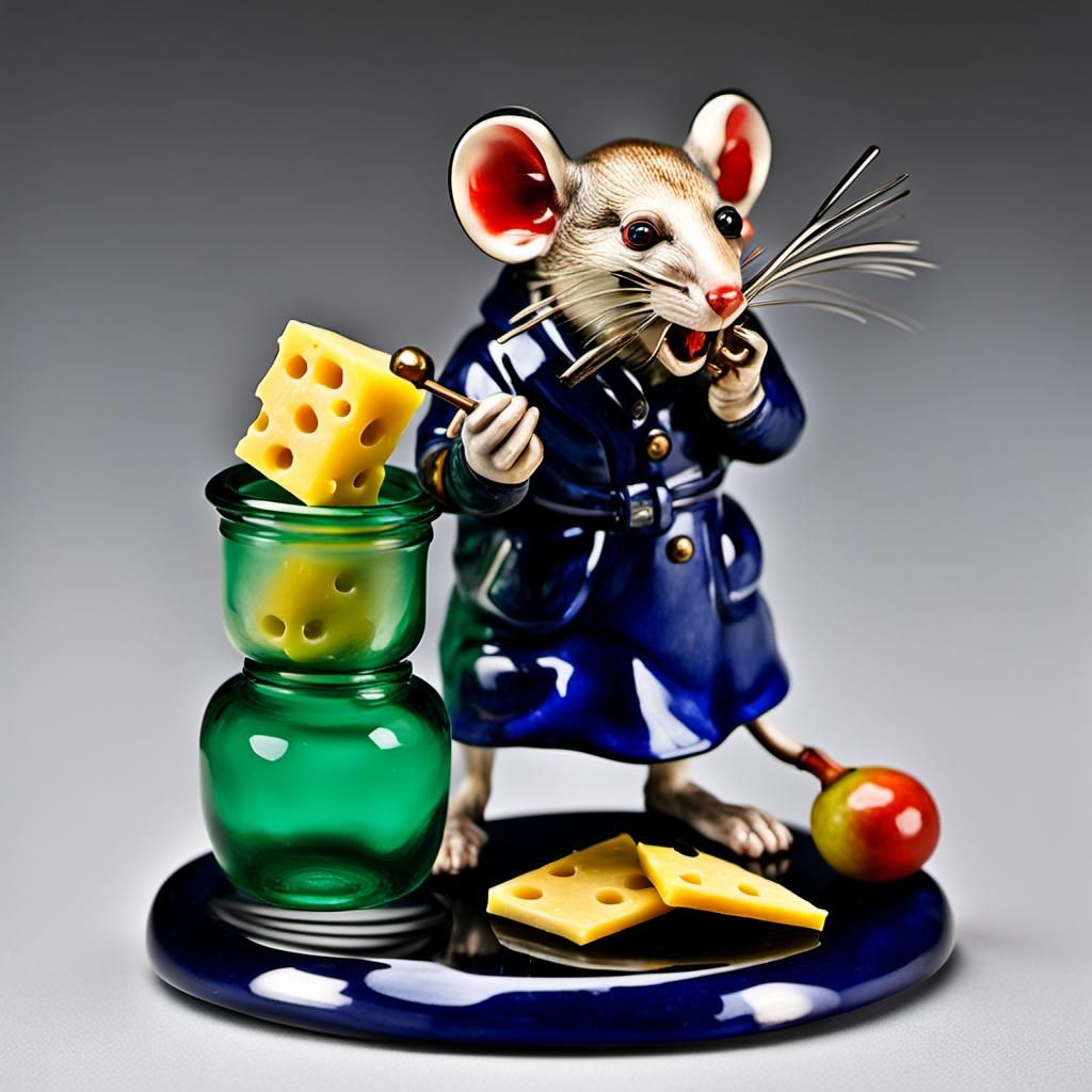 Enameled Glass Mouse Stealing Cheese Figurine