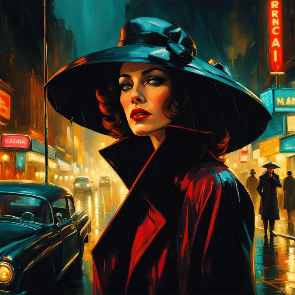 Film Noir Femme Fatale in Rainy Street