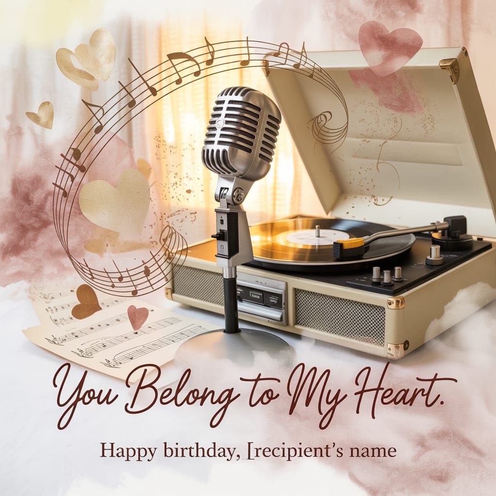 Romantic Birthday Card with Vintage Microphone and Music