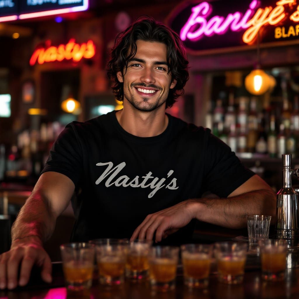 Handsome Bartender with Dreamy Green Eyes in Western Gay Bar