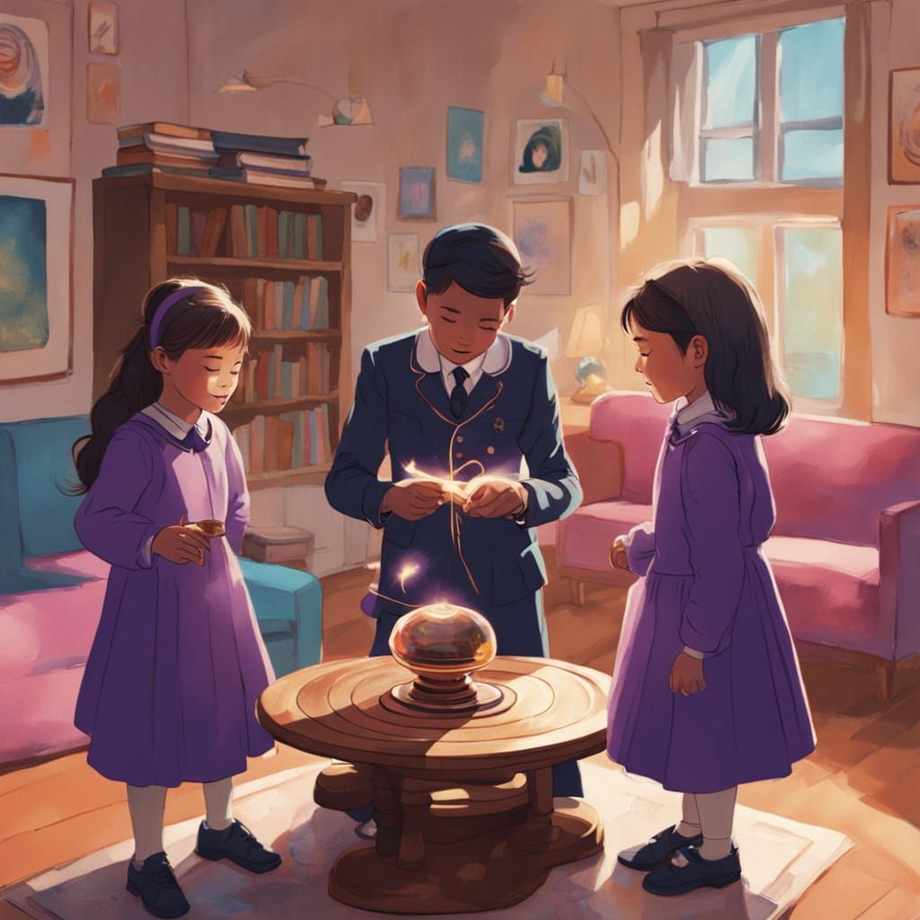 Children Spinning Fortune Telling Top in Golden and Navy Uni...