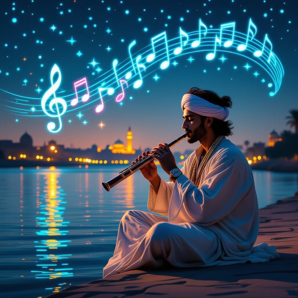 "A digital art piece depicting a contemplative young Egyptia...