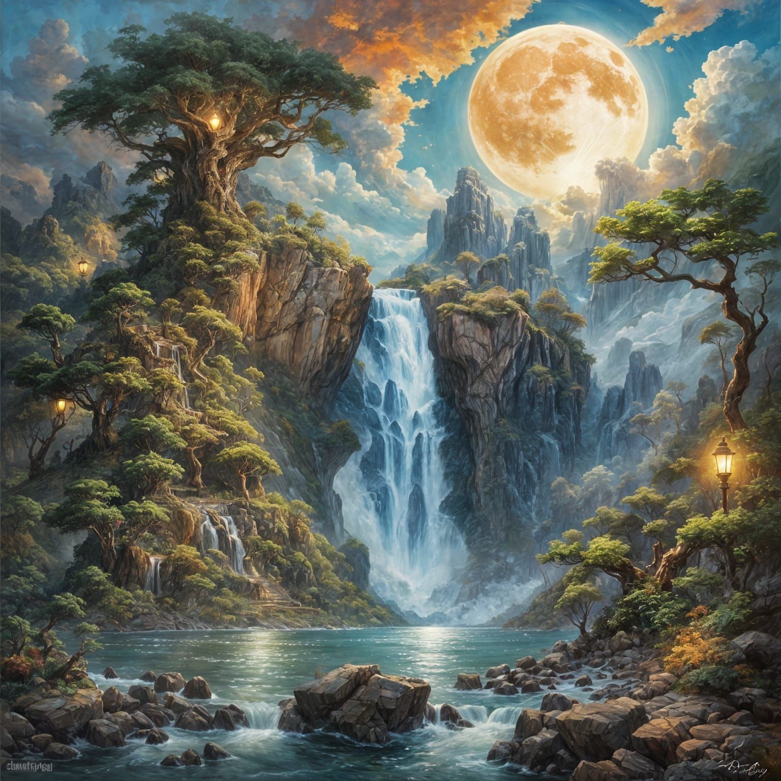 Surreal Watercolor Painting of Island in the Sky with Fantas...