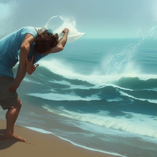 Surreal Beach Scene with Surfer in the Ocean Wave