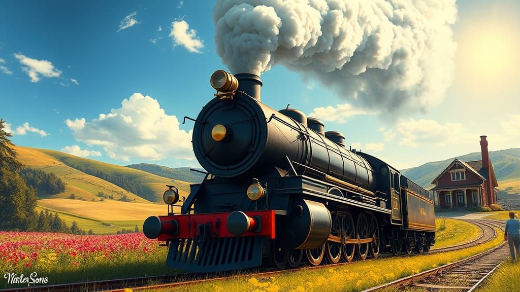Majestic Steam Train Through Rolling Hills