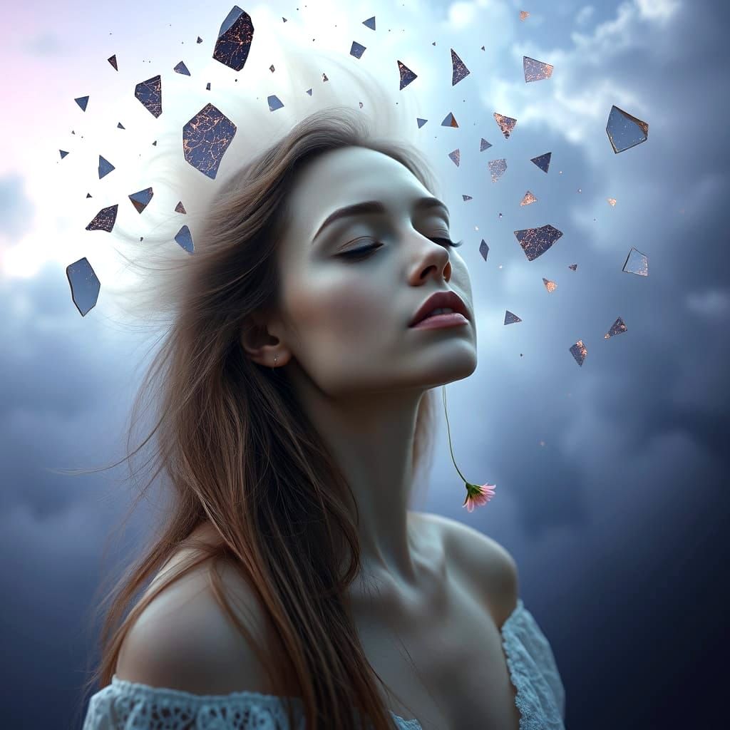 Surreal Woman Embracing Vulnerability in Dreamlike Landscape