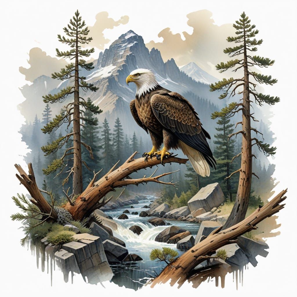 Majestic Eagle Perched on Pine Branch in Watercolor