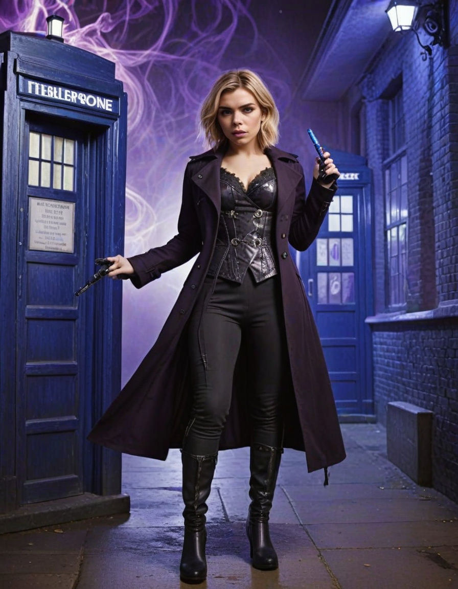 Billie Piper with Sonic Screwdriver and Tardis