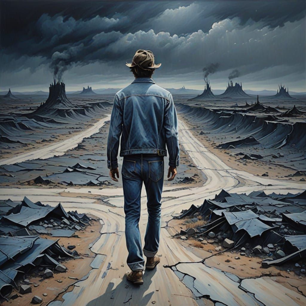 Surrealist Oil Painting of Walking Bell Bottom Jeans