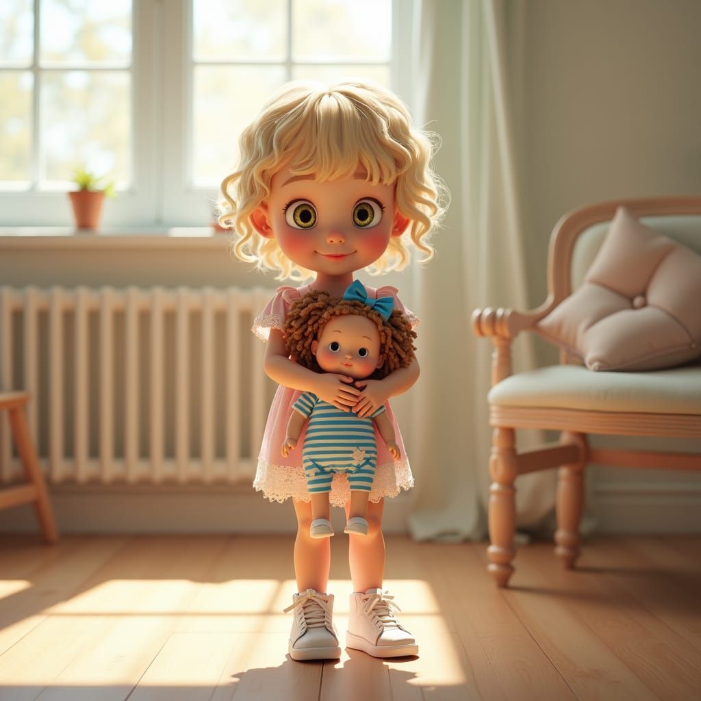 Adorable Girl with Doll in Sunlit Room