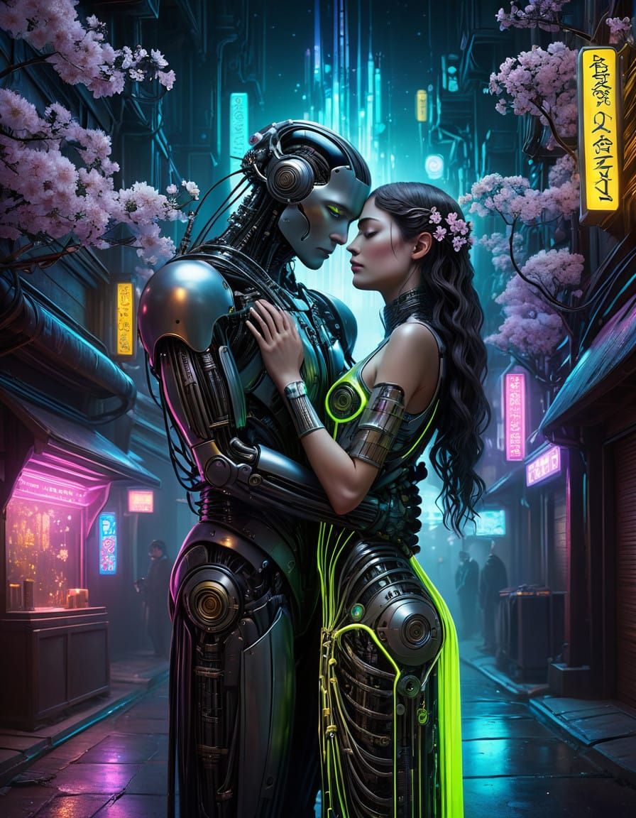 Cyborg Lovers Embrace in Neon Cyberpunk Alley