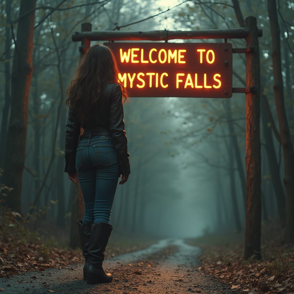 Katherine Pierce Gazes at Mystic Falls Sign