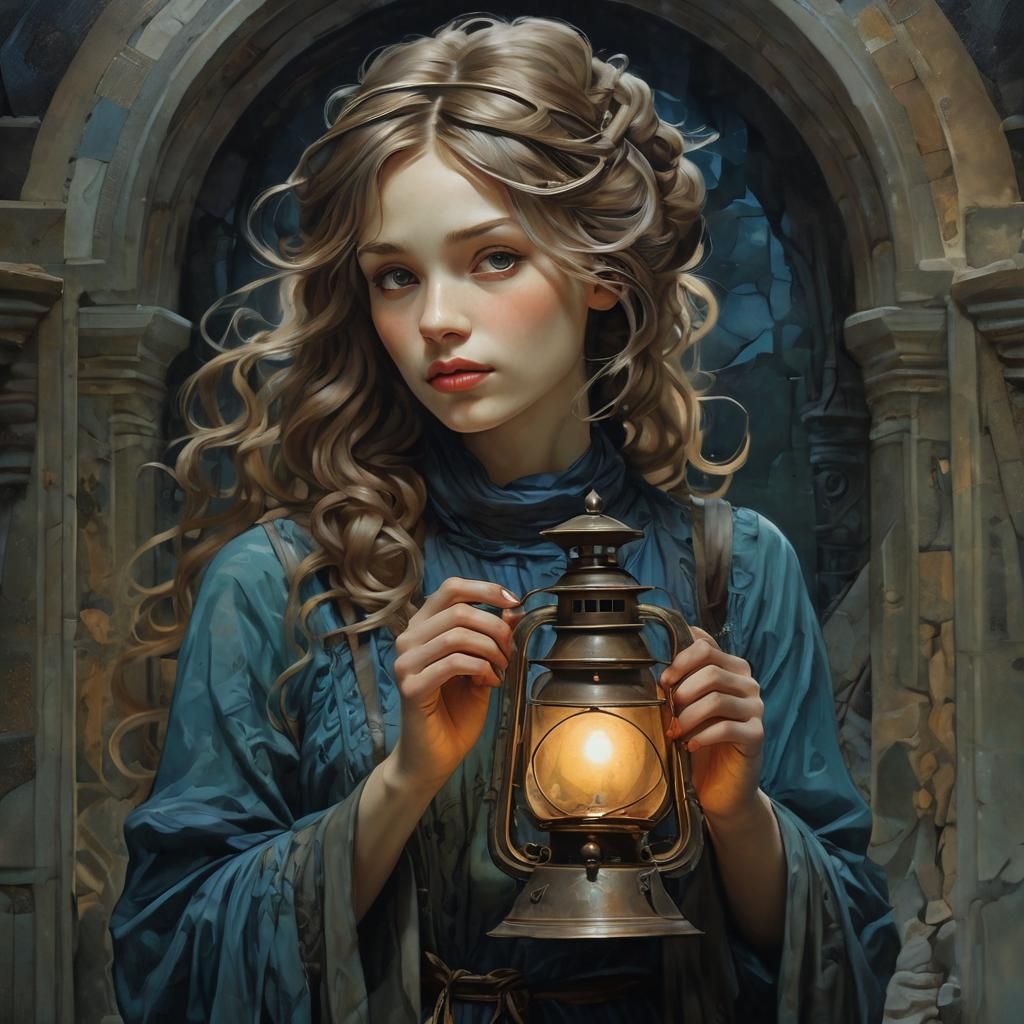 Art Nouveau Woman with Lantern in Catacombs