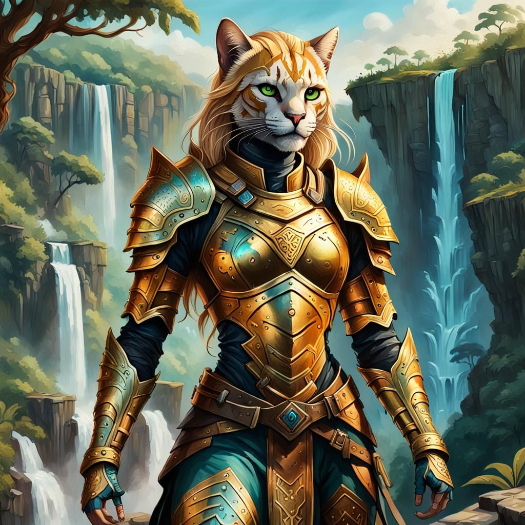 Khajiit Woman Overlooking Jungle Waterfall in Graffiti Art