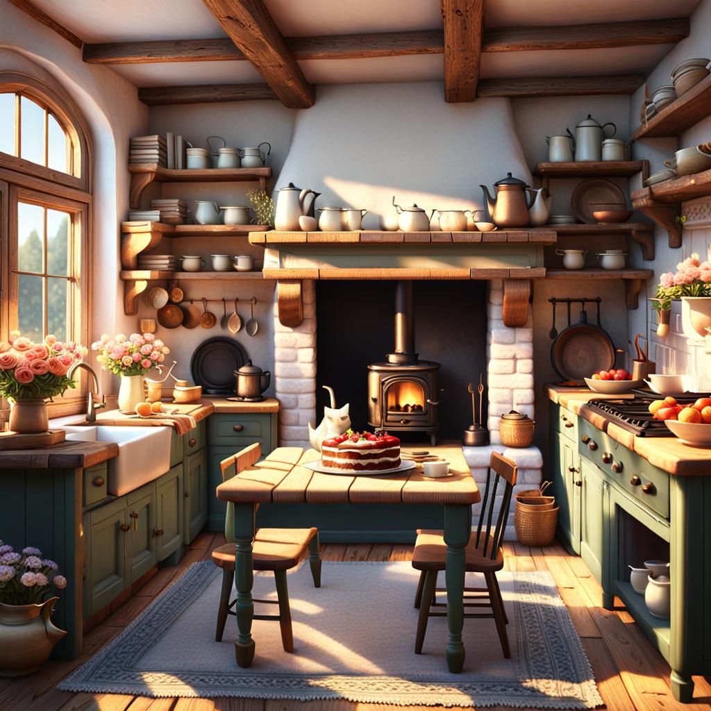 Cozy Cottage Kitchen with Fireplace in Detailed Digital Art