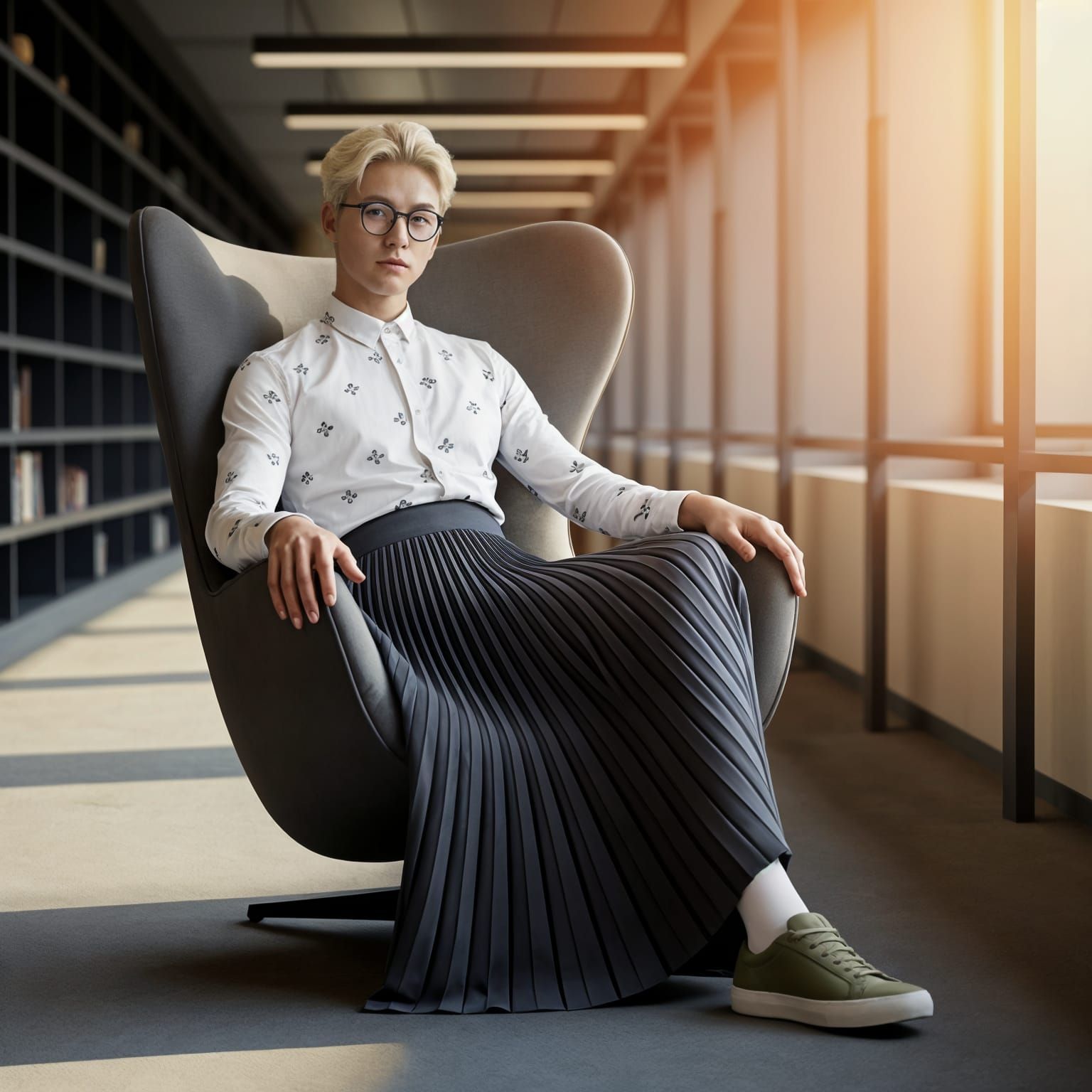 Man in Skirt in Library: Modern Fashion Portrait