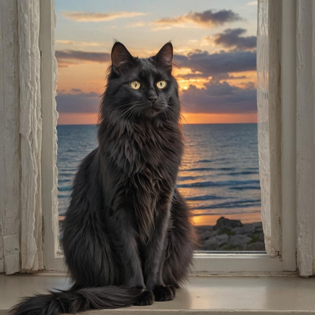 Black Cat Observes Colorful Beach Sunset