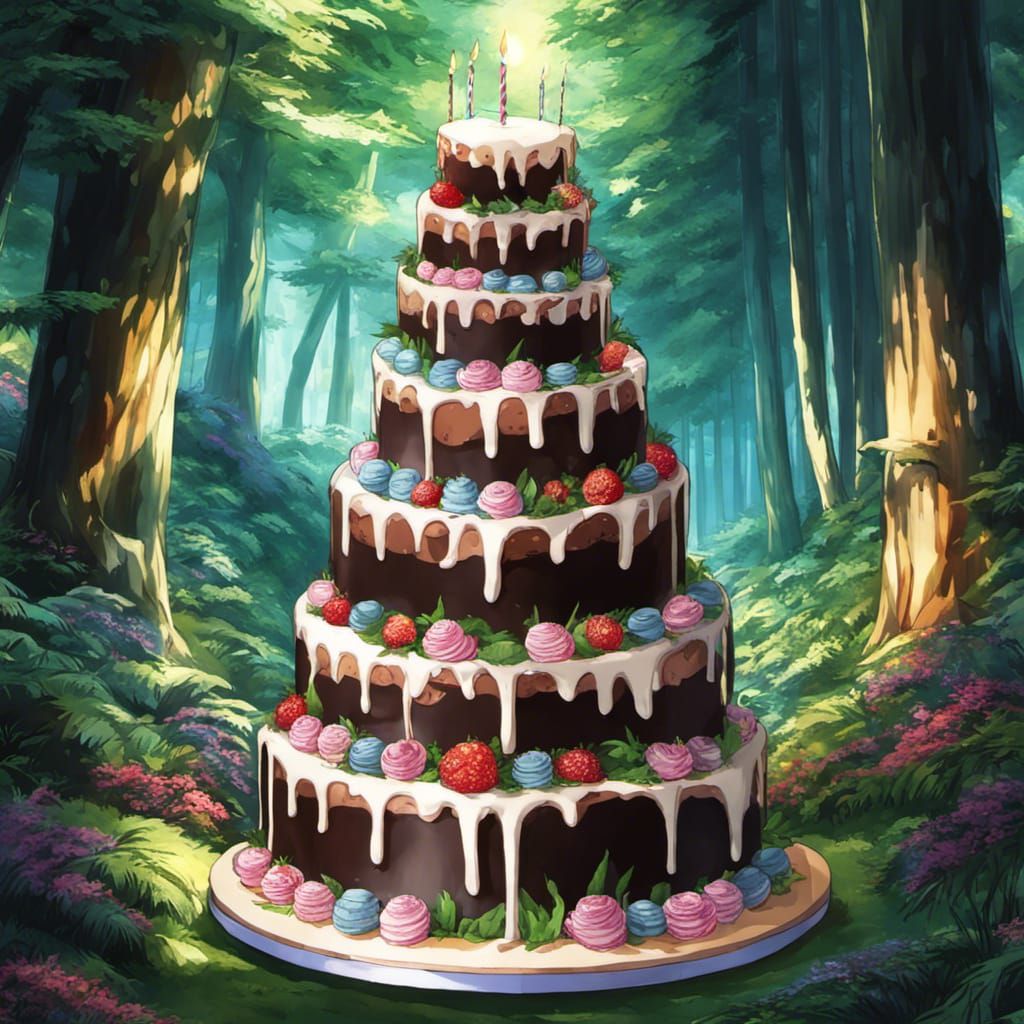 Anime Birthday Cake in Forest, Deep Color, 16k
