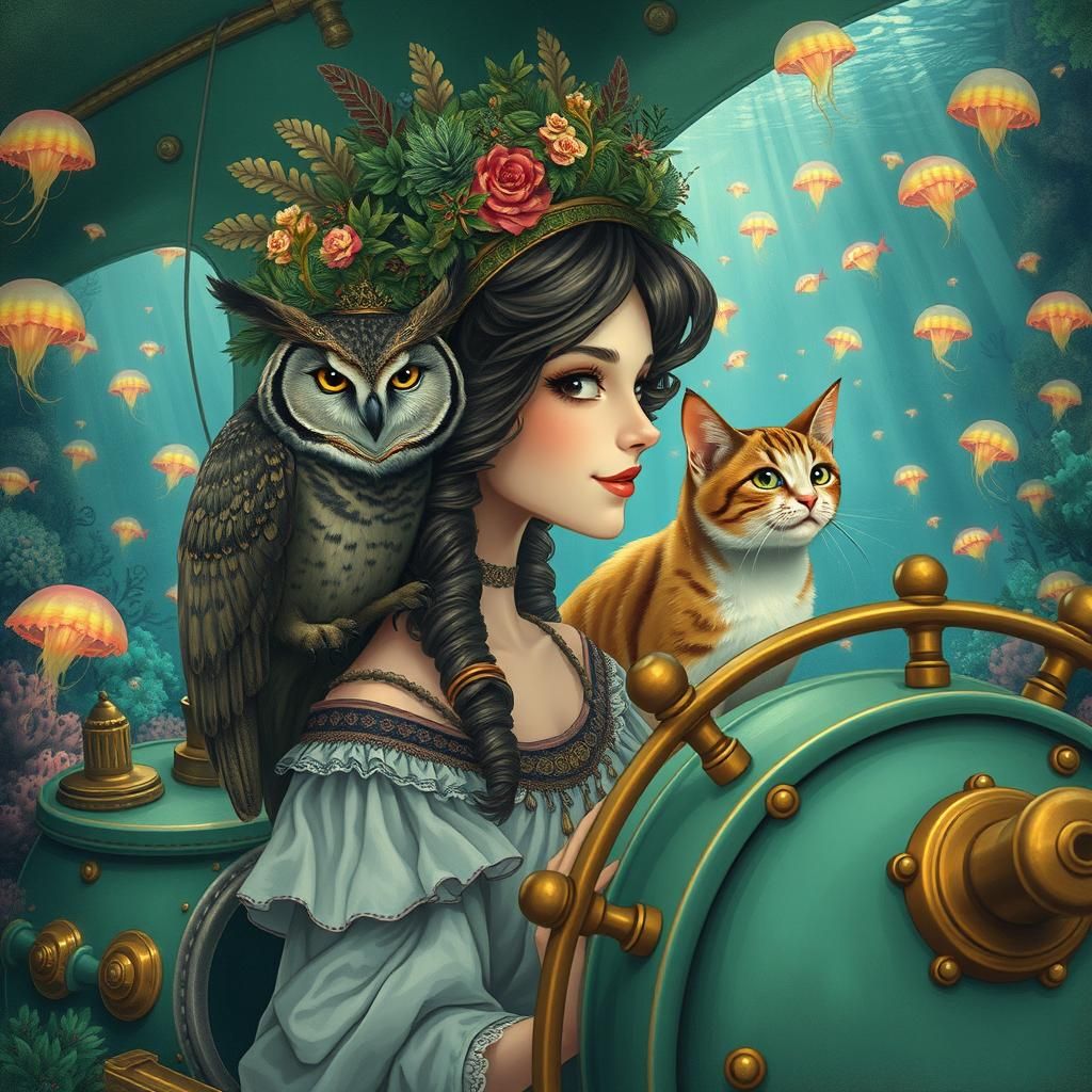 Underwater Dream: Woman Helms Pea-Green Submarine