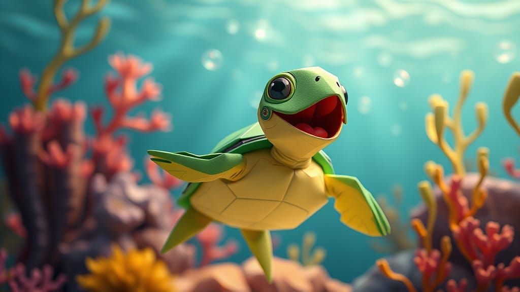 Cartoon Turtle Singing Underwater in Origami Style