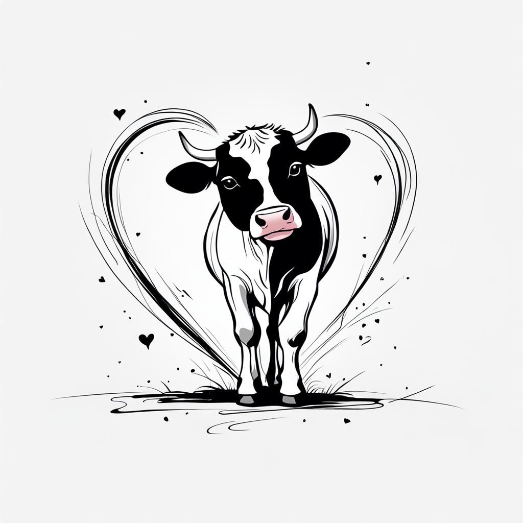 Minimalist Stick Figure Cow with Heart