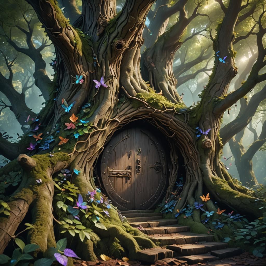 Enchanted Woodland Doorway with Fairies, Fantasy Art