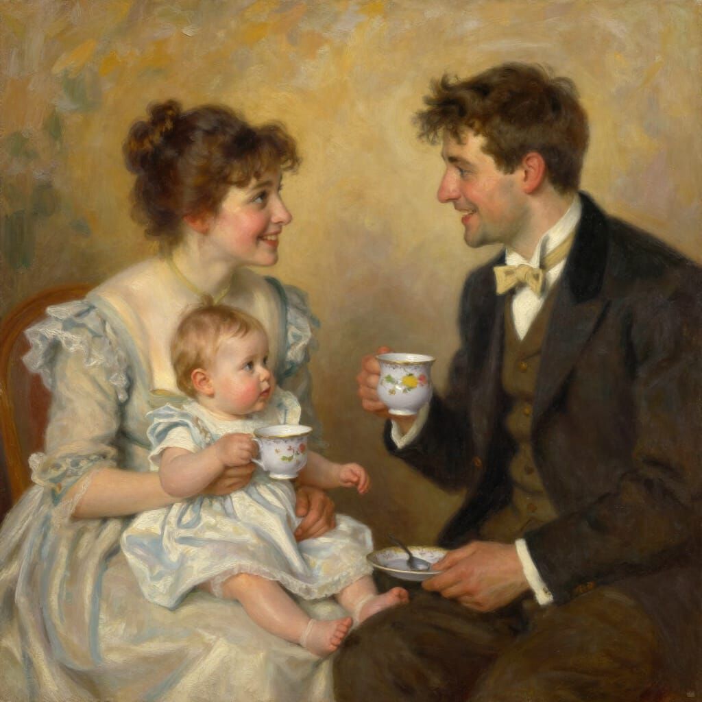 Loving Gaze at Family Tea Party in Impressionistic Style