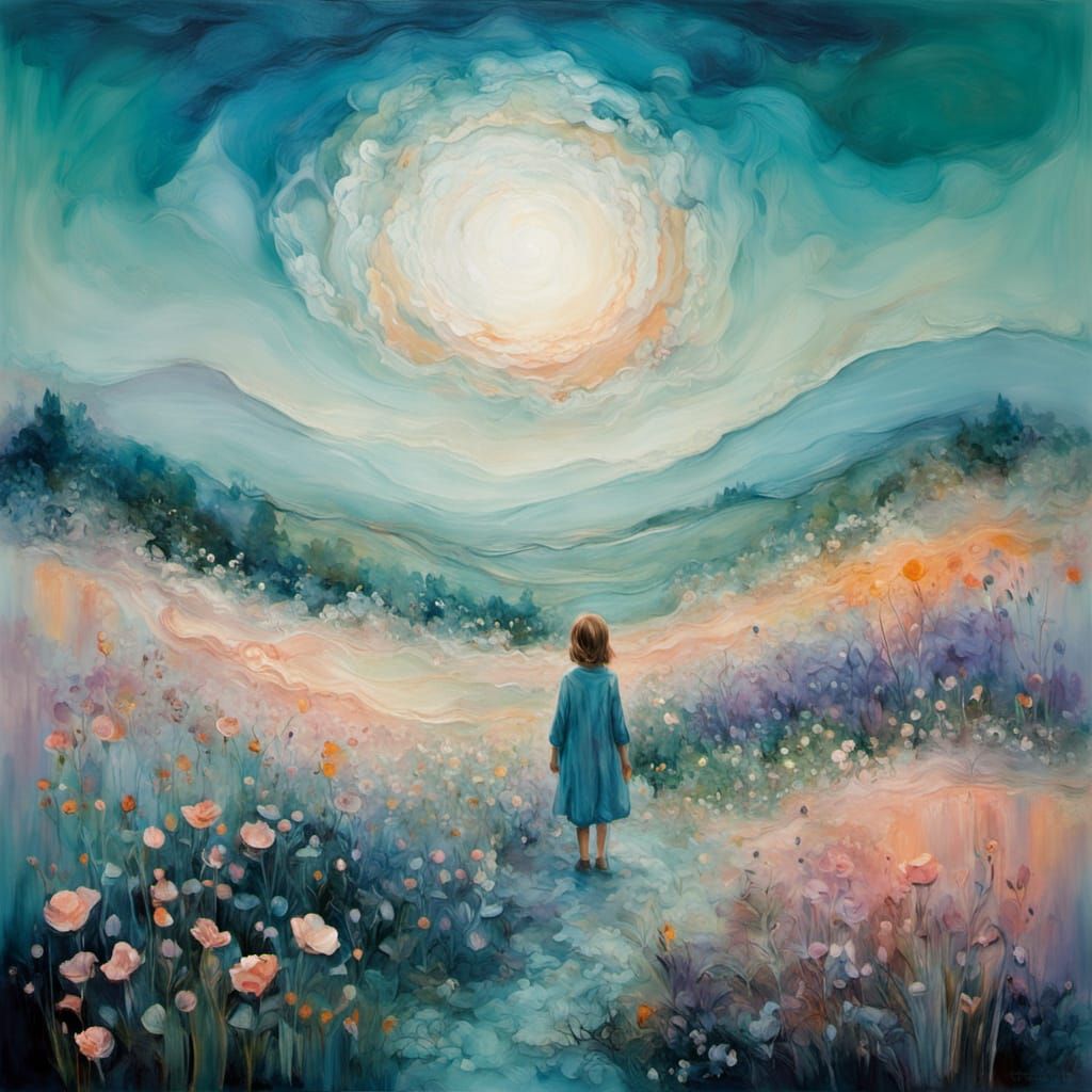 Surreal Child in Liminal Meadow Oil Painting