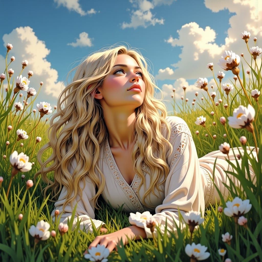 Ethereal Woman Gazing at Clouds in Lush Meadow