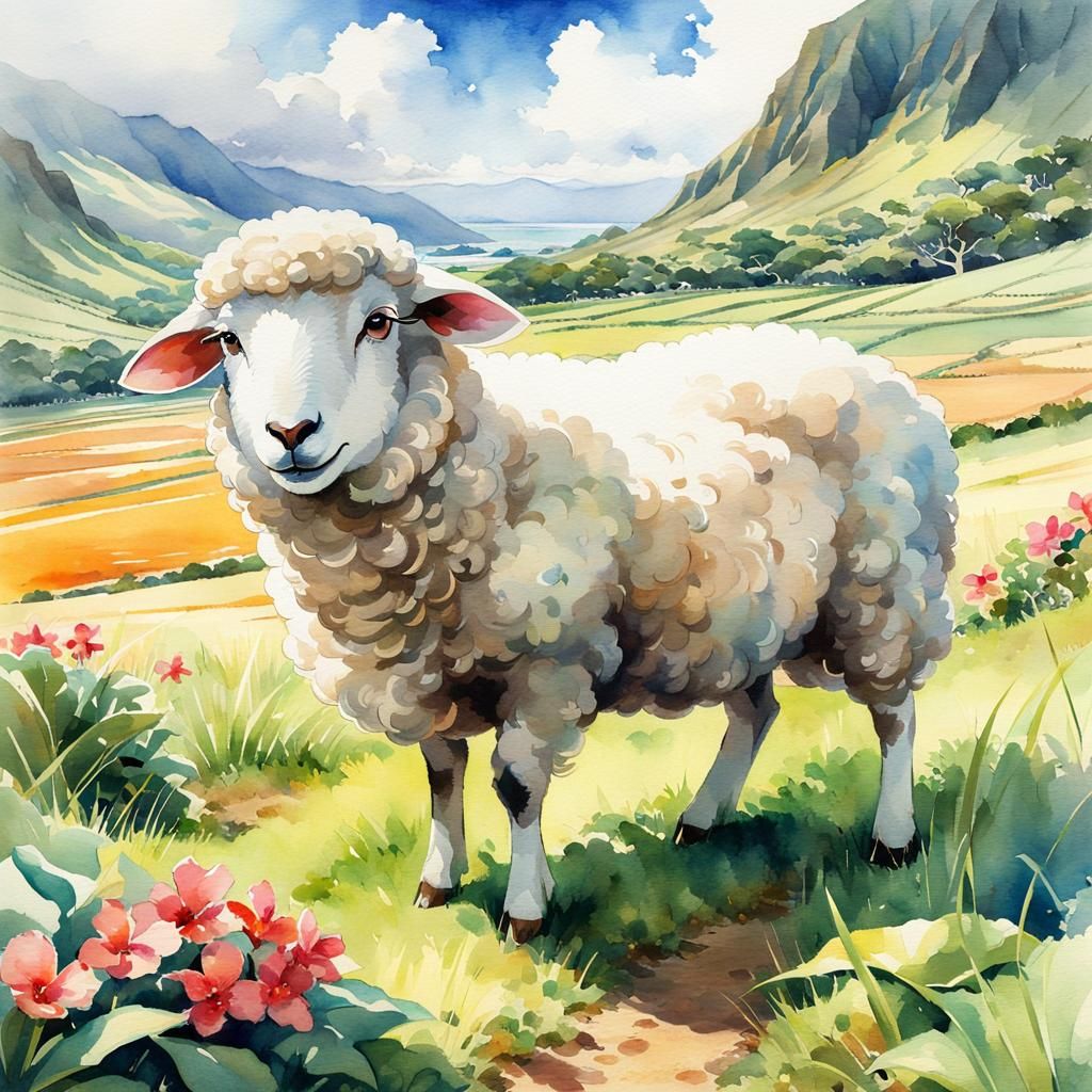 Watercolor Sheep in Hawaiian Lowlands, Fantasy Art
