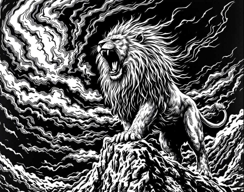 Majestic Lion Roaring in Dramatic Black & White Linocut