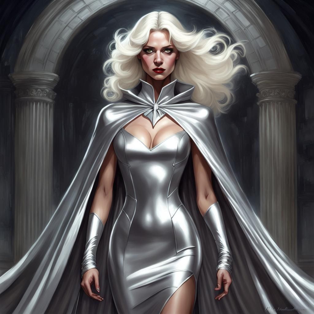 Long platinum blonde silver dress silver cape