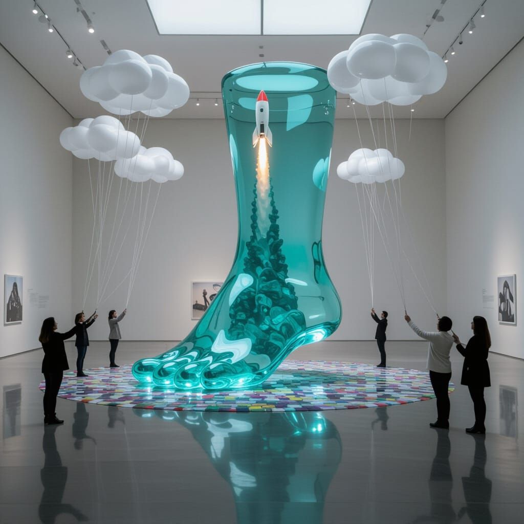 Infrared Photo of Giant Glass Foot in Museum Gallery