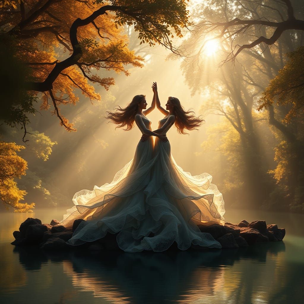 Water Couple Dancing in Mystical Forest